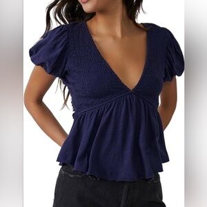 SOLD - Free People Charlotte V-Neck Blouse In Evening Eclipse